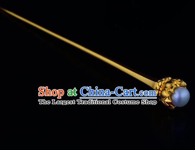 China Ancient Queen Pearl Hairpin Handmade Traditional Tang Dynasty Empress Golden Lotus Hair Stick
