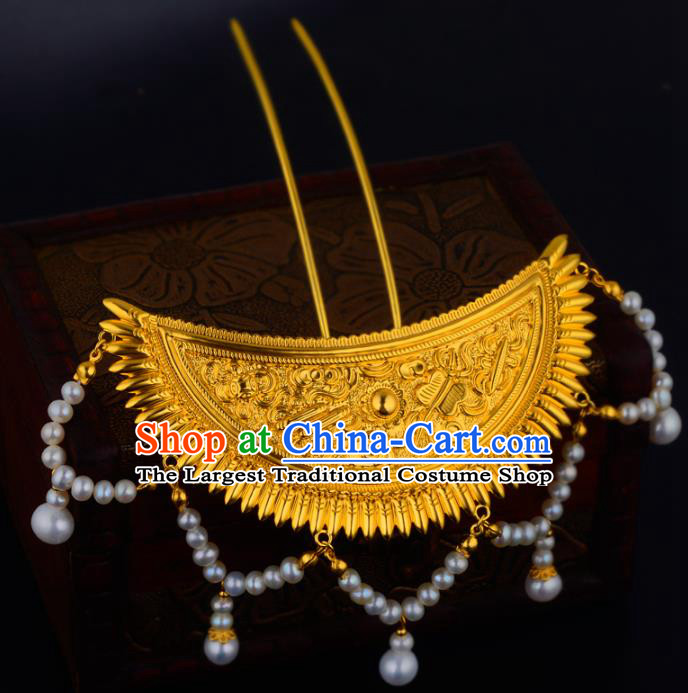 China Ancient Royal Empress Pearls Tassel Hairpin Handmade Traditional Ming Dynasty Noble Woman Hair Stick