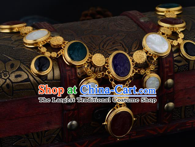 Chinese Ancient Princess Golden Necklace Traditional Sui Dynasty Gems Necklet Jewelry