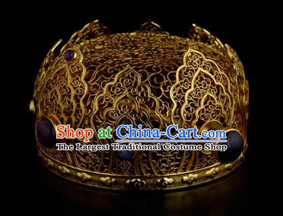 China Ancient Queen Golden Hairpin Handmade Traditional Ming Dynasty Empress Gems Hair Crown