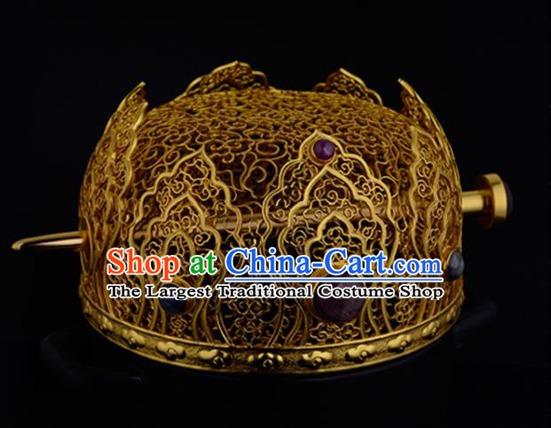 China Ancient Queen Golden Hairpin Handmade Traditional Ming Dynasty Empress Gems Hair Crown