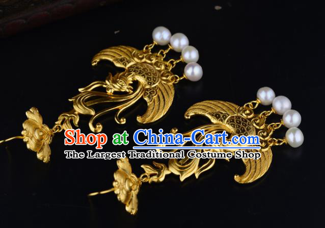 Chinese Traditional Tang Dynasty Pearls Tassel Earrings Ancient Queen Golden Phoenix Ear Accessories