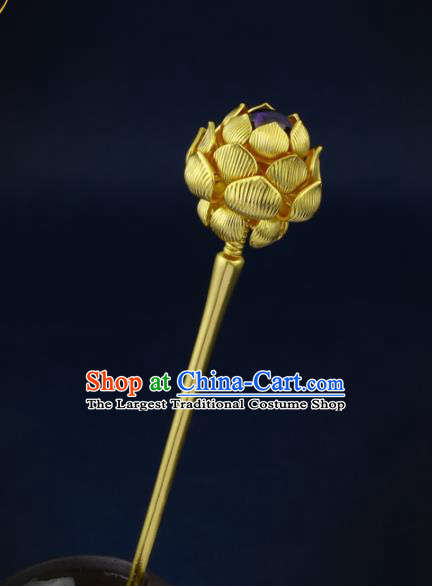 China Traditional Ancient Queen Golden Lotus Hair Stick Handmade Ming Dynasty Empress Amethyst Hairpin
