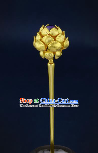 China Traditional Ancient Queen Golden Lotus Hair Stick Handmade Ming Dynasty Empress Amethyst Hairpin