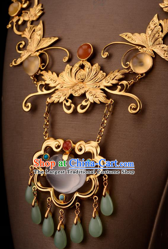 Chinese Ancient Empress Necklace Traditional Ming Dynasty Golden Lotus Necklet Jewelry