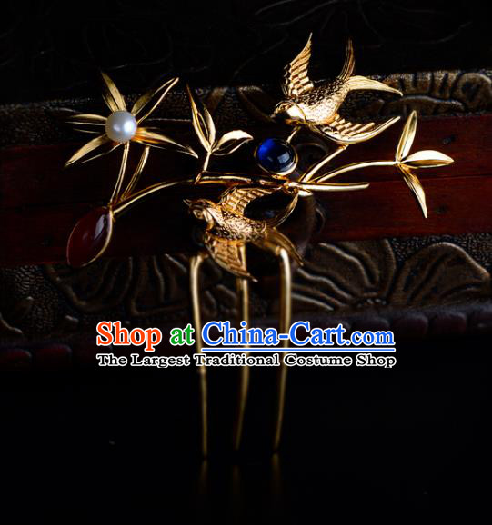 China Ancient Queen Golden Bamboo Hairpin Handmade Traditional Ming Dynasty Empress Gems Hair Comb
