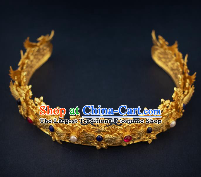 China Ancient Queen Golden Phoenix Coronet Handmade Traditional Ming Dynasty Empress Gems Hair Crown