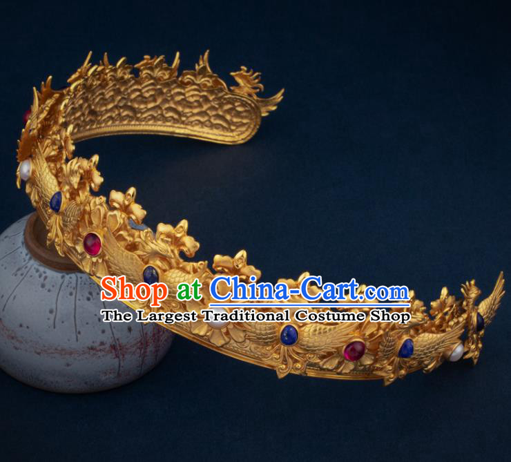 China Ancient Queen Golden Phoenix Coronet Handmade Traditional Ming Dynasty Empress Gems Hair Crown