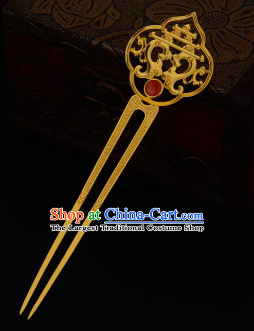 China Ancient Empress Ruby Hairpin Handmade Traditional Tang Dynasty Queen Golden Hair Stick