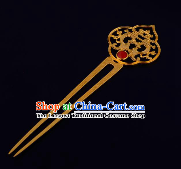 China Ancient Empress Ruby Hairpin Handmade Traditional Tang Dynasty Queen Golden Hair Stick