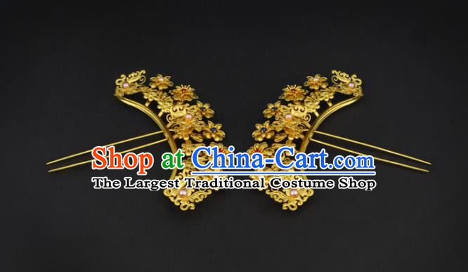 China Ancient Princess Golden Flowers Hairpin Handmade Traditional Ming Dynasty Pearls Gems Hair Stick