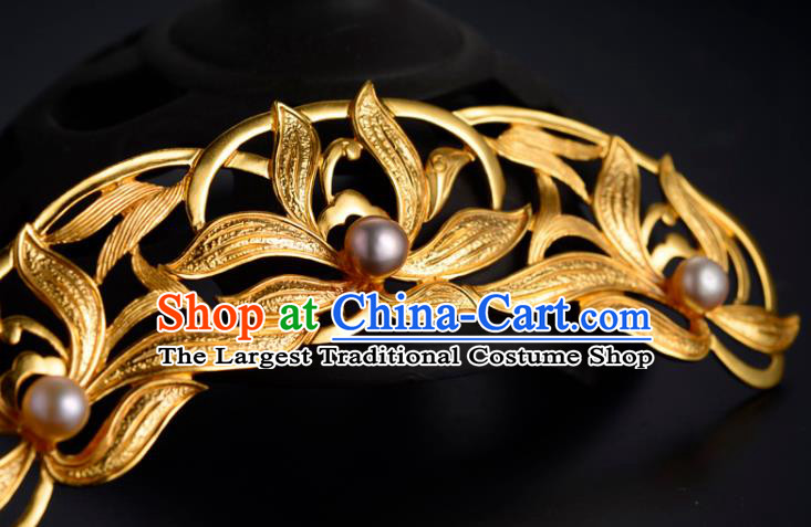 China Ancient Palace Lady Pearls Hairpin Handmade Traditional Ming Dynasty Princess Golden Orchids Hair Crown