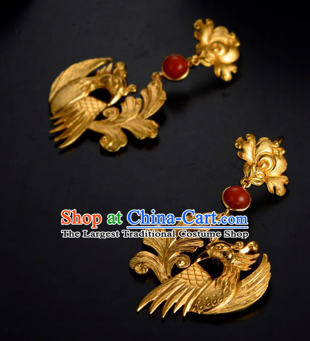 Chinese Traditional Ming Dynasty Agate Earrings Ancient Court Lady Golden Phoenix Ear Accessories