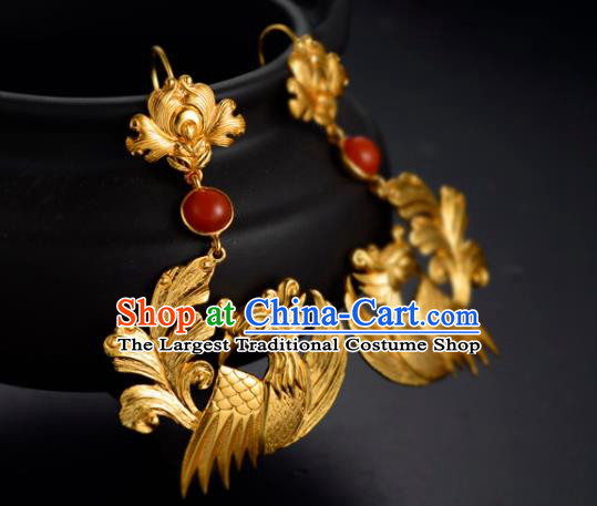 Chinese Traditional Ming Dynasty Agate Earrings Ancient Court Lady Golden Phoenix Ear Accessories