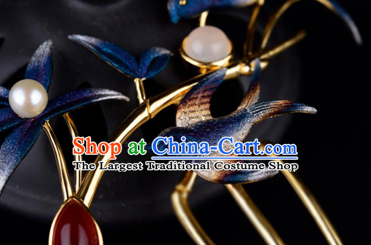 China Ancient Palace Lady Hairpin Handmade Traditional Ming Dynasty Princess Blue Swallow Hair Comb