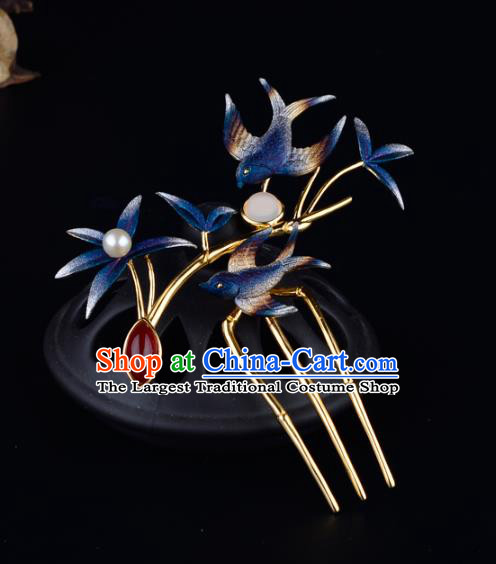 China Ancient Palace Lady Hairpin Handmade Traditional Ming Dynasty Princess Blue Swallow Hair Comb