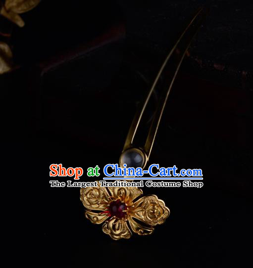 China Ancient Court Empress Ruby Hairpin Handmade Traditional Ming Dynasty Golden Peony Hair Stick