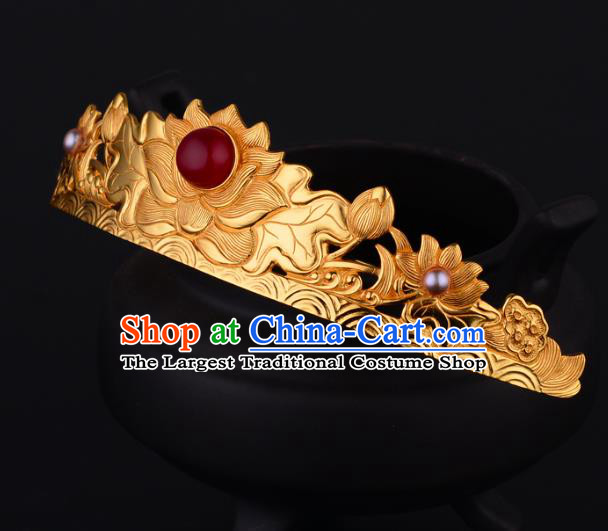 China Ancient Empress Ruby Hairpin Handmade Traditional Ming Dynasty Golden Lotus Hair Crown