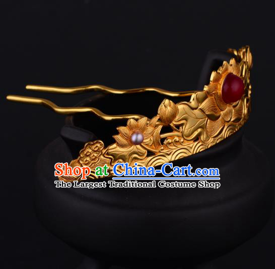 China Ancient Empress Ruby Hairpin Handmade Traditional Ming Dynasty Golden Lotus Hair Crown