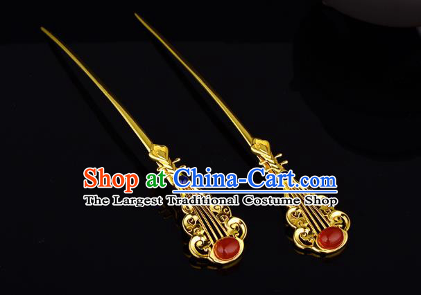 China Ancient Court Lady Golden Lute Hairpin Handmade Traditional Ming Dynasty Empress Agate Hair Stick