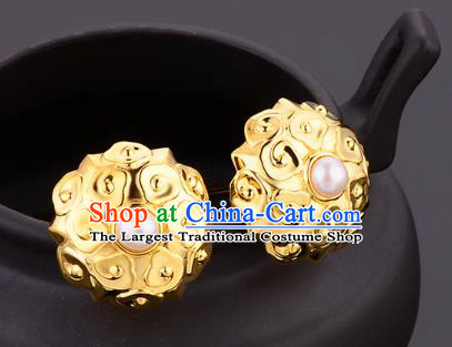 China Ancient Palace Woman Pearls Hairpin Handmade Traditional Ming Dynasty Empress Golden Hair Stick