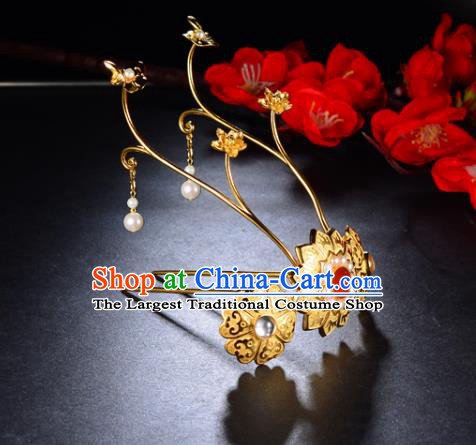 China Ancient Court Woman Pearls Hairpin Handmade Traditional Ming Dynasty Princess Golden Lotus Hair Crown