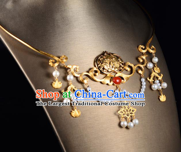 Chinese Ancient Palace Lady Pearls Necklace Traditional Ming Dynasty Golden Peach Necklet Jewelry