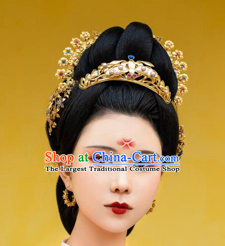 China Ancient Queen Pearls Hairpin Handmade Traditional Ming Dynasty Golden Butterfly Hair Crown