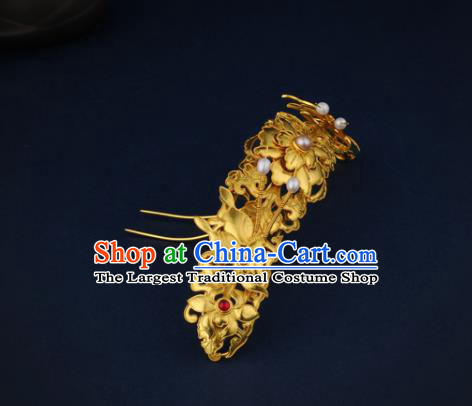China Ancient Empress Golden Butterfly Peony Hairpin Handmade Traditional Ming Dynasty Pearls Hair Crown