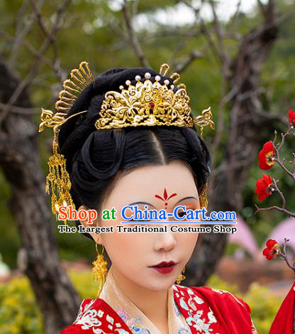 China Ancient Court Empress Agate Pearls Hairpin Handmade Traditional Ming Dynasty Golden Hair Crown