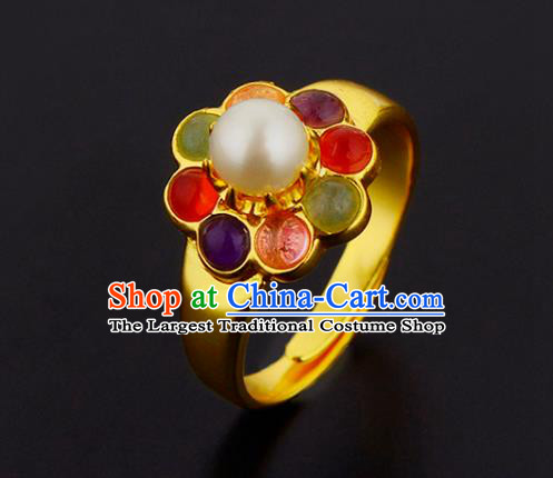 Handmade Chinese Ming Dynasty Court Gems Ring Accessories Traditional Hanfu Golden Circlet Jewelry