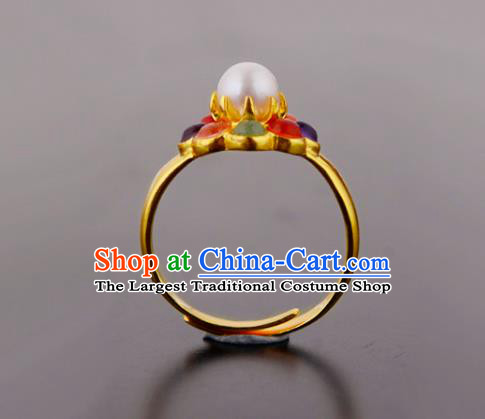 Handmade Chinese Ming Dynasty Court Gems Ring Accessories Traditional Hanfu Golden Circlet Jewelry