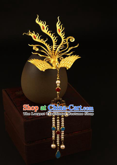 China Ancient Empress Pearls Tassel Hairpin Handmade Traditional Ming Dynasty Golden Phoenix Hair Crown