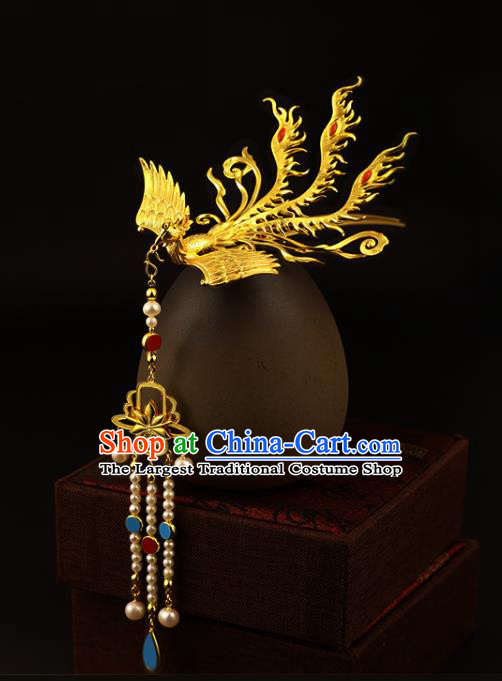 China Ancient Empress Pearls Tassel Hairpin Handmade Traditional Ming Dynasty Golden Phoenix Hair Crown