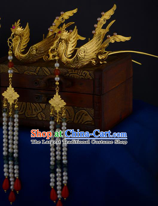 China Ancient Empress Golden Phoenix Hairpin Handmade Traditional Ming Dynasty Queen Pearls Tassel Hair Stick