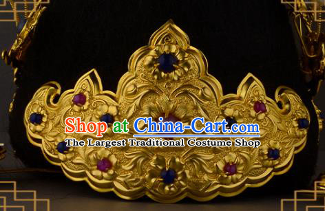 China Ancient Noble Woman Ruby Hairpin Handmade Traditional Ming Dynasty Empress Golden Lotus Hair Crown