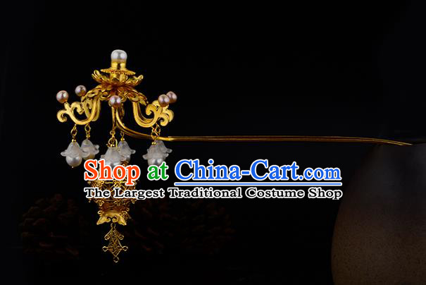 China Ancient Empress Pearls Tassel Hairpin Handmade Traditional Ming Dynasty Palace Lantern Hair Stick
