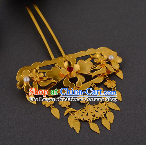 China Ancient Queen Hairpin Handmade Traditional Ming Dynasty Empress Golden Peony Tassel Hair Stick