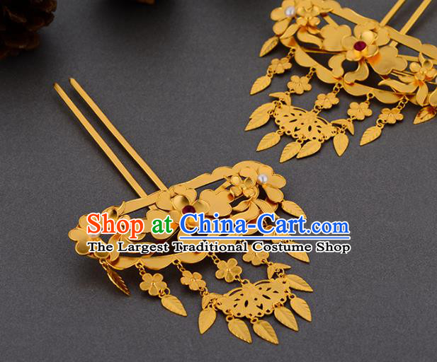 China Ancient Queen Hairpin Handmade Traditional Ming Dynasty Empress Golden Peony Tassel Hair Stick