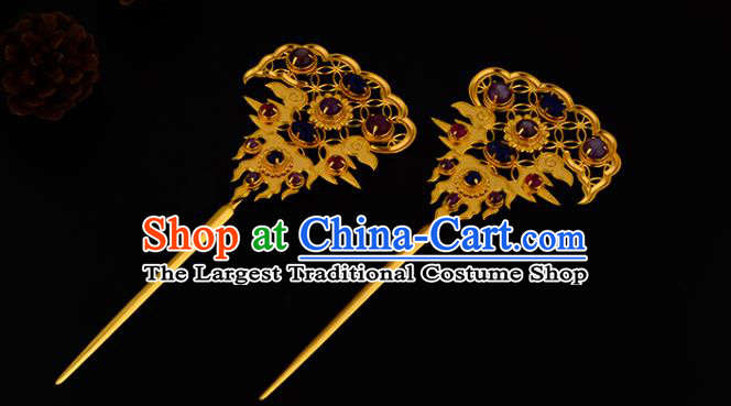 China Ancient Empress Gems Hairpin Handmade Traditional Ming Dynasty Golden Hair Stick