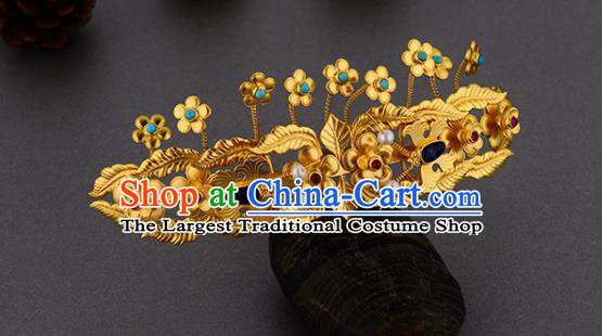 China Ancient Court Woman Hairpin Handmade Traditional Ming Dynasty Golden Plum Hair Crown