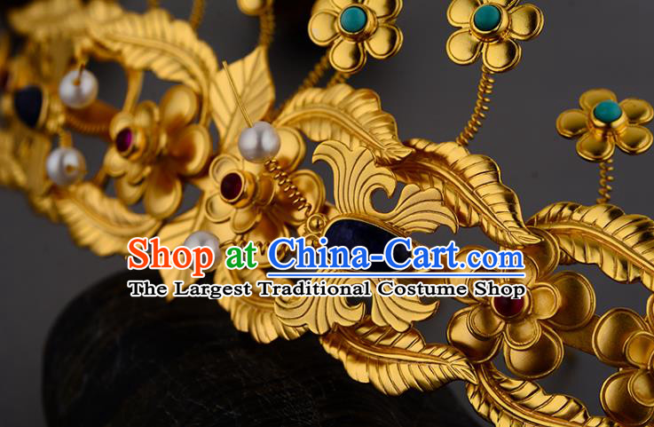 China Ancient Court Woman Hairpin Handmade Traditional Ming Dynasty Golden Plum Hair Crown