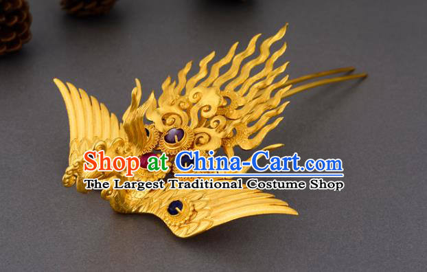 China Ancient Court Empress Gems Hairpin Handmade Traditional Ming Dynasty Golden Phoenix Hair Crown