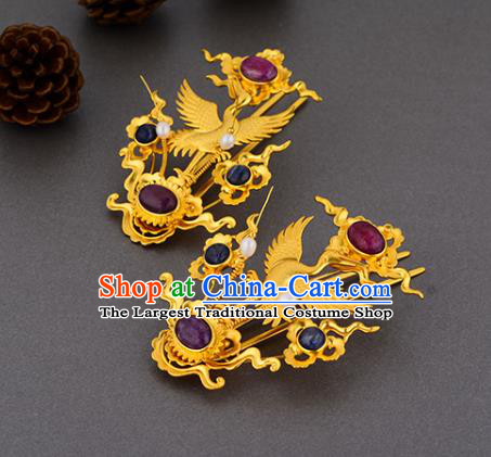 China Ancient Court Lady Golden Crane Hairpin Handmade Traditional Ming Dynasty Empress Ruby Hair Stick