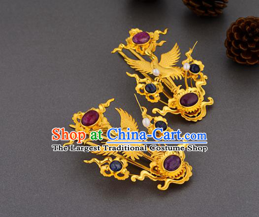 China Ancient Court Lady Golden Crane Hairpin Handmade Traditional Ming Dynasty Empress Ruby Hair Stick