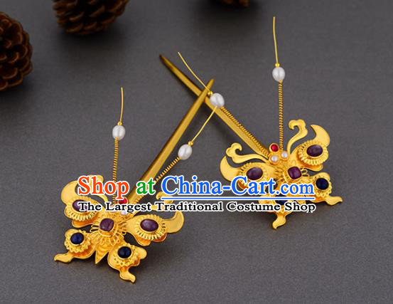 China Ancient Court Lady Ruby Hairpin Handmade Traditional Ming Dynasty Empress Golden Butterfly Hair Stick
