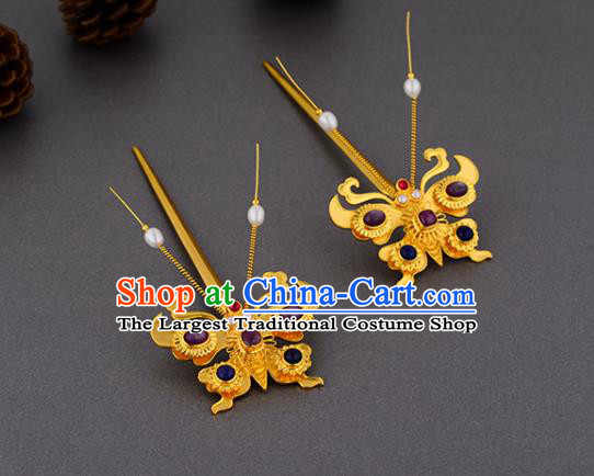 China Ancient Court Lady Ruby Hairpin Handmade Traditional Ming Dynasty Empress Golden Butterfly Hair Stick