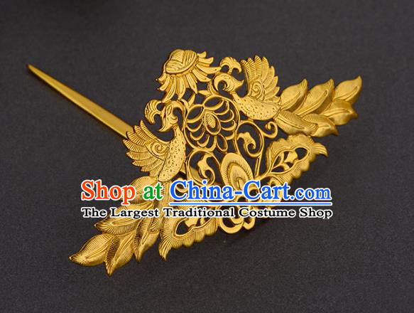 China Ancient Court Woman Hairpin Handmade Traditional Tang Dynasty Empress Golden Phoenix Hair Crown