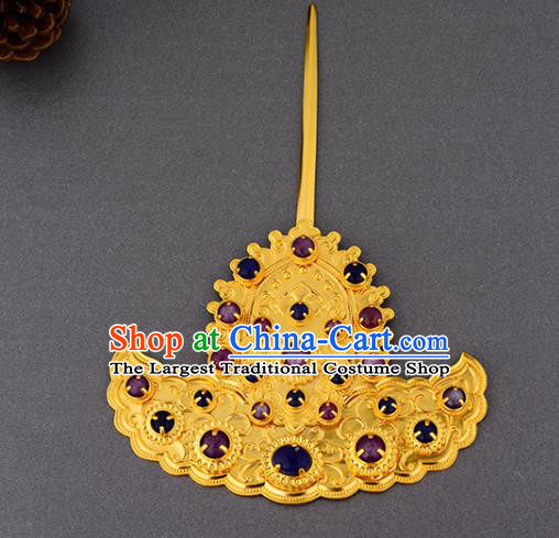China Ancient Noble Mistress Golden Hairpin Handmade Traditional Ming Dynasty Empress Gems Hair Stick