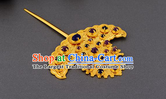 China Ancient Noble Mistress Golden Hairpin Handmade Traditional Ming Dynasty Empress Gems Hair Stick